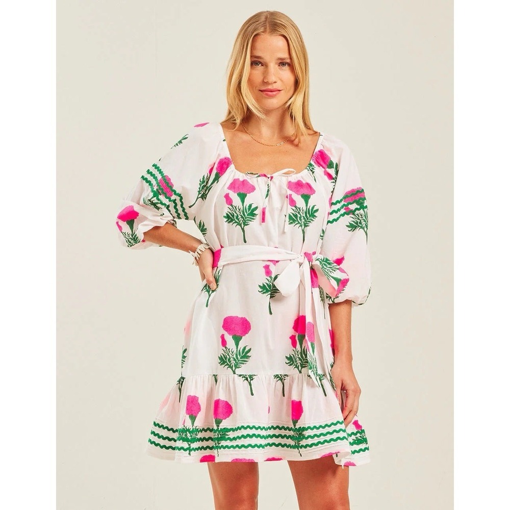 PINK CITY PRINTS Stella Neon Marigold White Pink Balloon Sleeve Mini Dress S